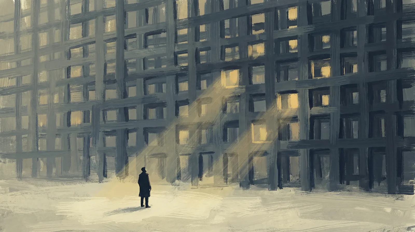 A lone figure dwarfed by a massive blue-gray geometric lattice, golden light breaking through its gaps