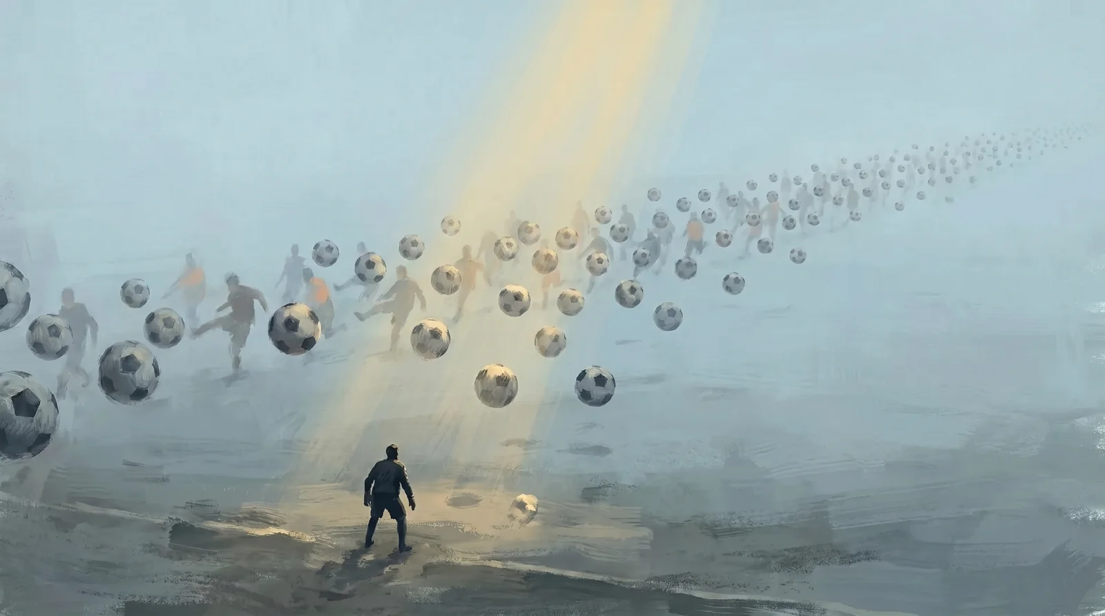 A lone dark goalkeeper on his line, dwarfed by an endless stream of penalty kicks fading into blue-gray mist, one golden shaft of light breaking through